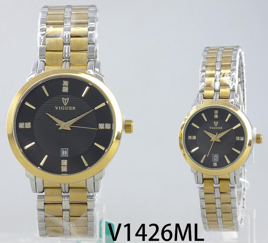 VIGUER V1426ML couple watch with black dial and two-tone silver & gold strap.