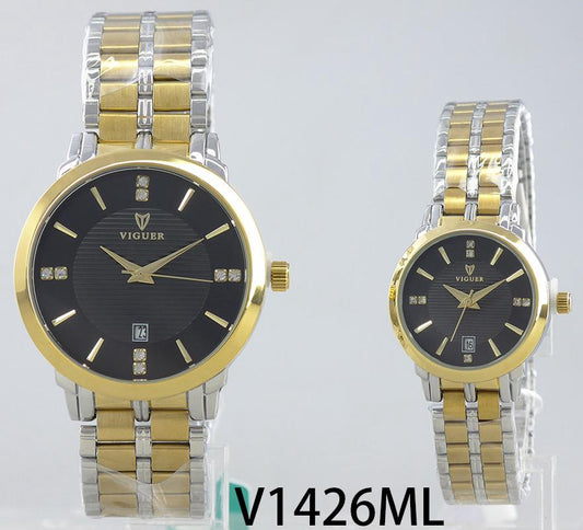 VIGUER V1426ML couple watch with black dial and two-tone silver & gold strap.