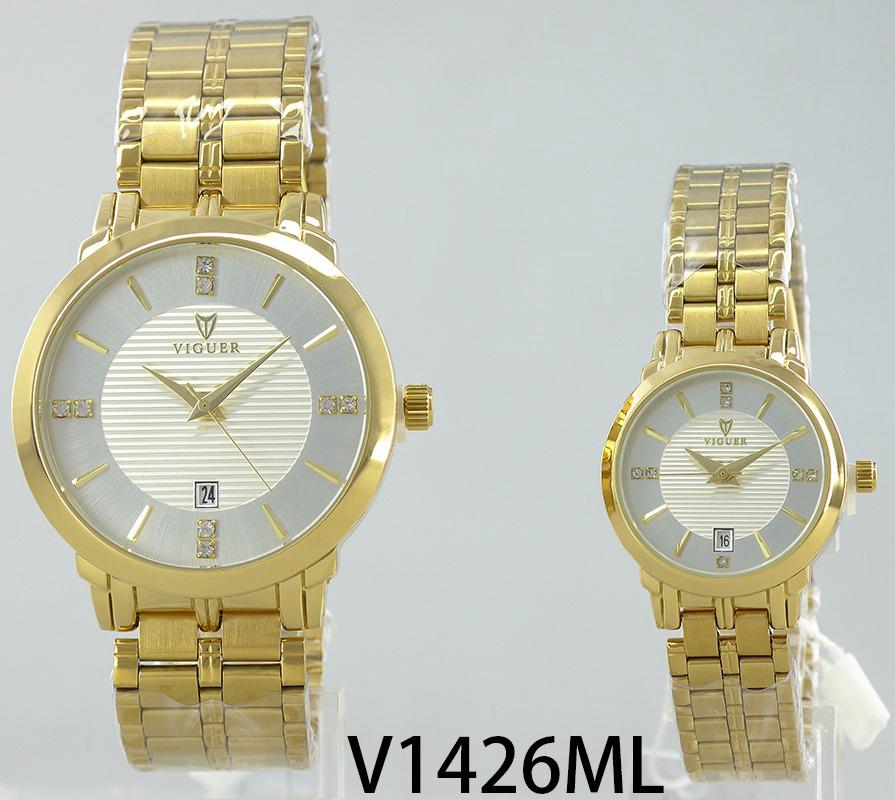 VIGUER V1426ML couple watch with two-tone dial and full gold strap.