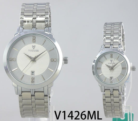 VIGUER V1426ML couple watch with silver dial and stainless steel strap.
