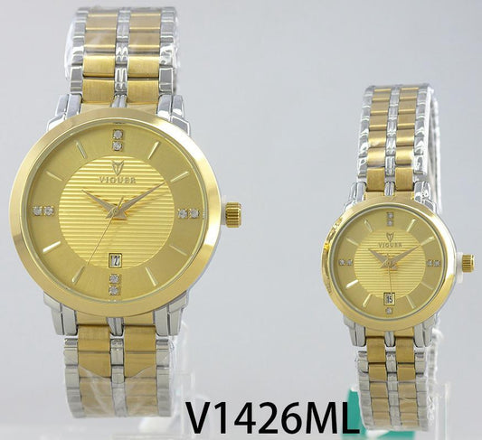 VIGUER V1426ML couple watch with gold dial and two-tone stainless steel strap.