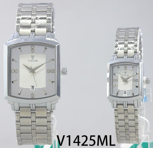 Viguer V1425ML couple watch with silver rectangular dial and stainless steel strap.