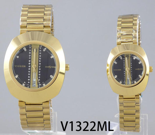 Viguer V1322ML couple watch gold strap with black oval dial and crystal markers.