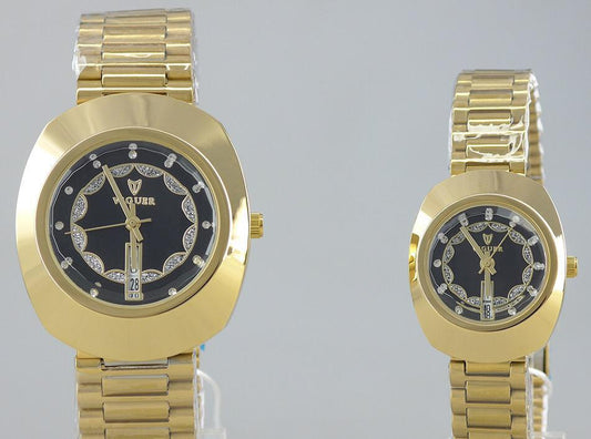 Viguer V1322ML couple watch gold strap with black crystal wave dial design.