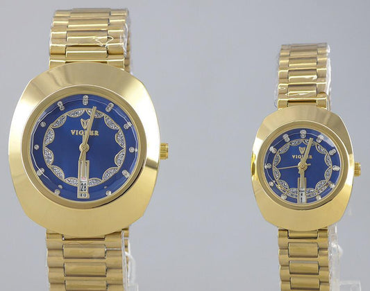 Viguer V1322ML couple watch gold strap with blue crystal wave dial design.