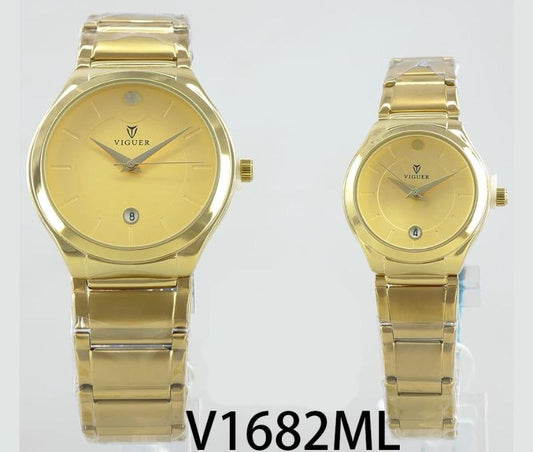 Viguer V1682ML couple watch gold strap and gold dial with date display.