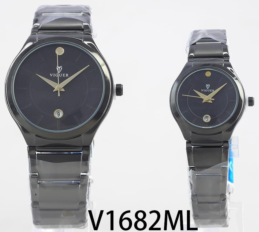 Viguer V1682ML couple watch black dial and strap with date display.
