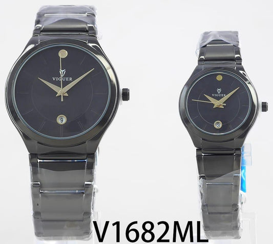 Viguer V1682ML couple watch black dial and strap with date display.