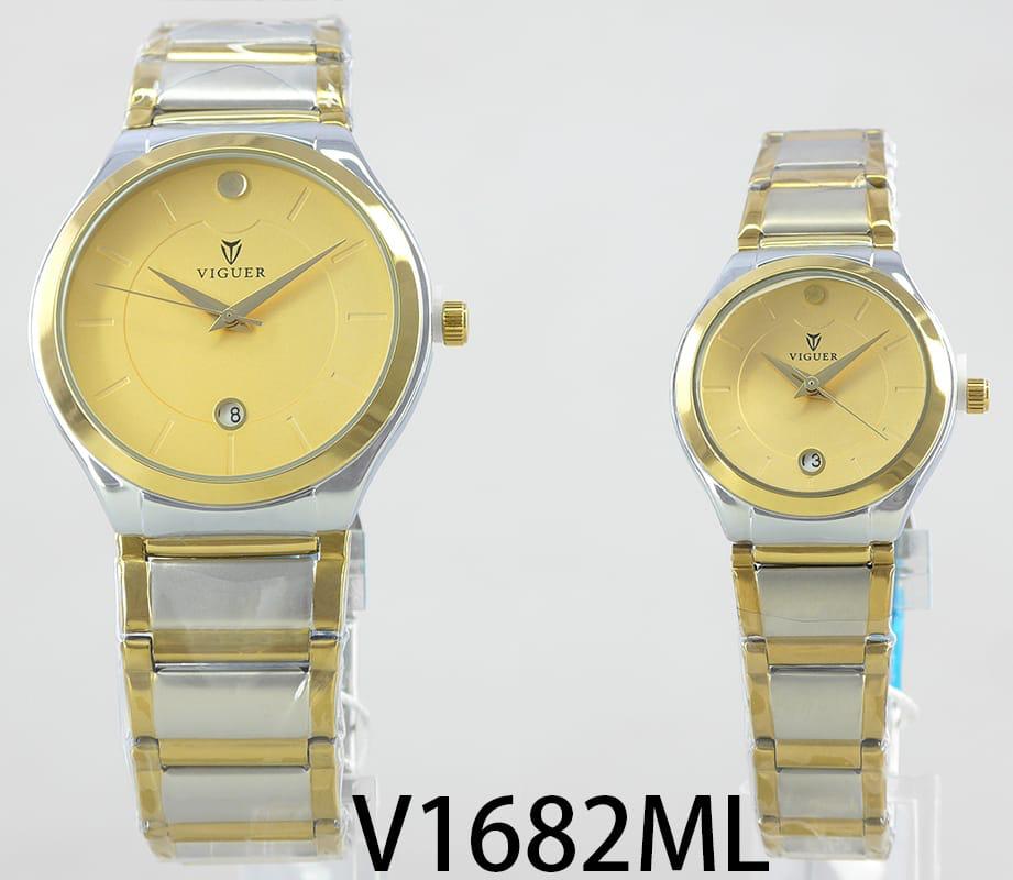 Viguer V1682ML couple watch with gold dial and two-tone silver-gold strap.