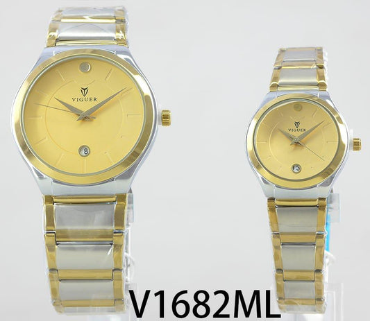 Viguer V1682ML couple watch with gold dial and two-tone silver-gold strap.