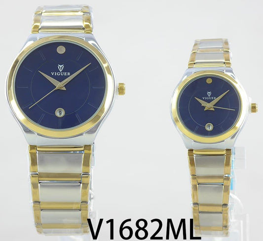 Viguer V1682ML couple watch with blue dial and two-tone strap.
