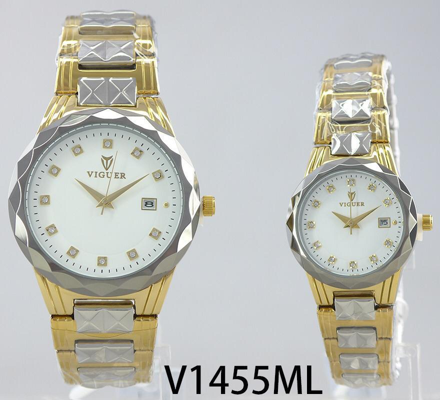 Viguer V1455ML couple watch with white dial, diamond-cut bezel, and two-tone patterned strap.