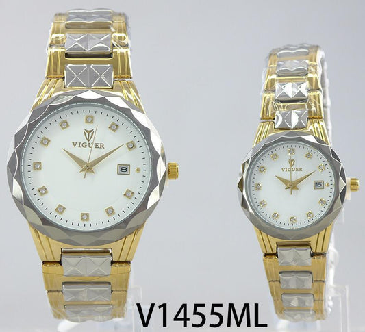 Viguer V1455ML couple watch with white dial, diamond-cut bezel, and two-tone patterned strap.