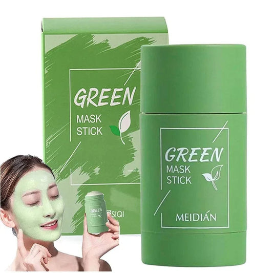 Meidían Green Mask Stick with box and model applying green clay mask.