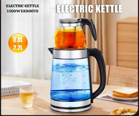Electric kettle 1500W with glass teapot 2.2L + 0.8L capacity for tea and coffee.