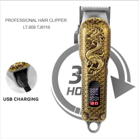 Professional Hair Clipper LT-809 TJ6116 Dragon Edition in gold with digital display and USB charging.