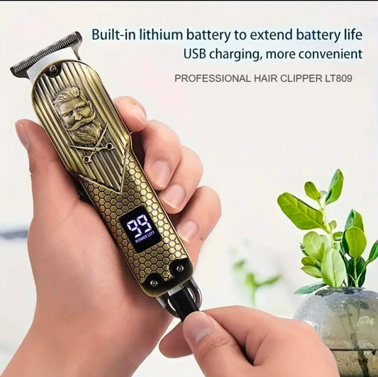 Professional Hair Clipper LT809 in antique gold with digital display and USB charging.