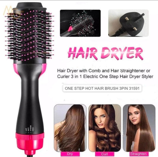 One Step Hot Hair Brush 3-in-1 Dryer, Curler & Straightener in black and pink with 3-pin plug.