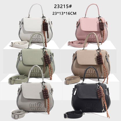 Six-color Mini Chic Leather Handbags with top handle and chocolate-style charm — shown in white, pink, green, beige, gray, and black.