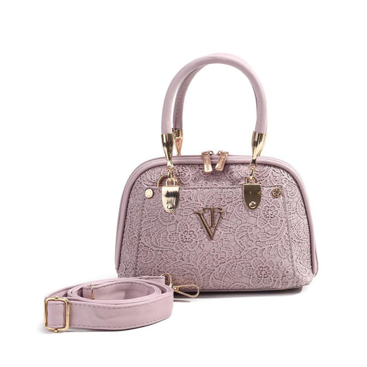 Six-color lace pattern elegant handbags with gold hardware in lavender, coffee brown, beige, white, black, and olive green.