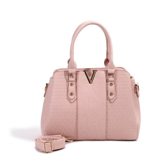 Six-color collection of Elegant Embossed Handbags with metallic V design, displayed in red, blue, beige, pink, coffee, and black.