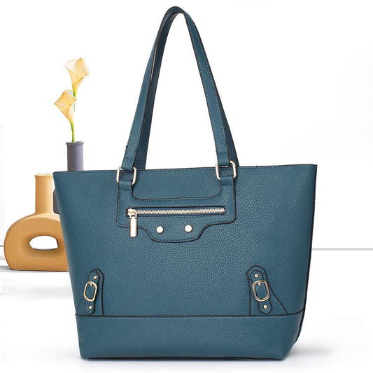 Six-color classic PU leather tote bags with gold zipper front pocket — shown in teal blue, cream white, black, pink, coffee brown, and tan.