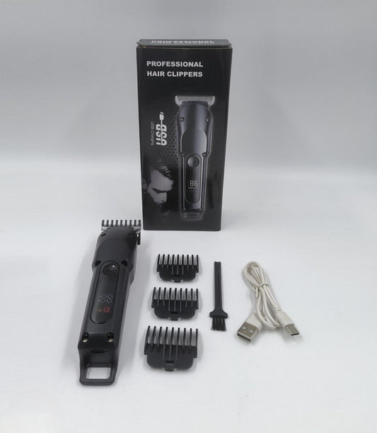 Professional black hair clipper with LED display, USB charging cable, 3 guide combs, and cleaning brush.