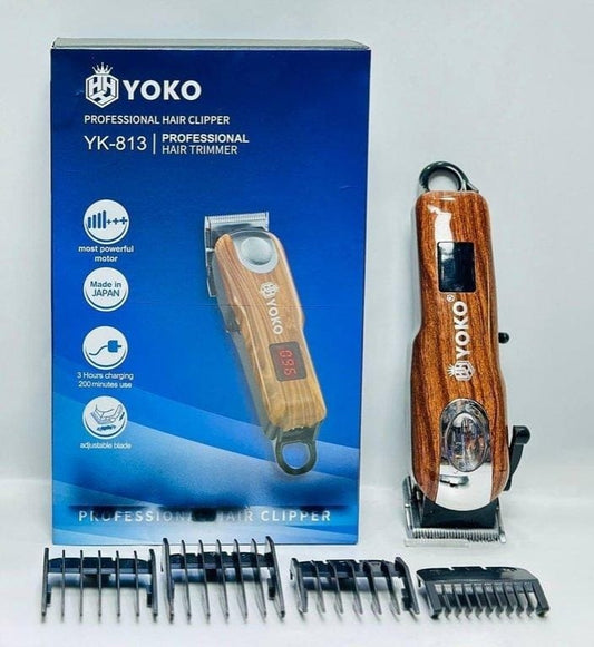 YOKO Professional Hair Clipper YK-813 in wood finish with packaging, digital display, and 6 clipper attachments.