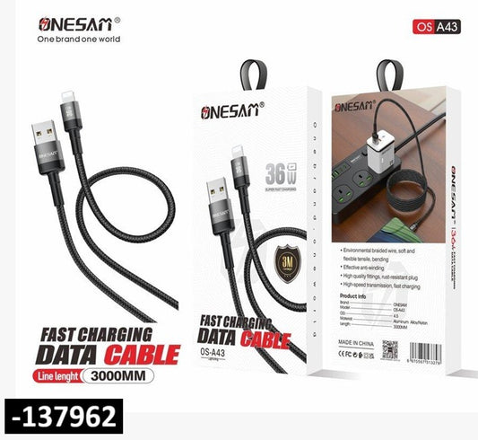 ONESAM 36W 3-meter fast charging Lightning cable with black braided nylon design and USB connector.