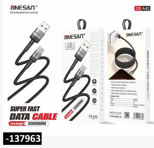 ONESAM 120W 2-meter Type-C fast charging data cable with black braided nylon design and USB connector.