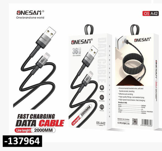 ONESAM 36W 2-meter Lightning fast charging cable with braided black nylon design and USB connector.