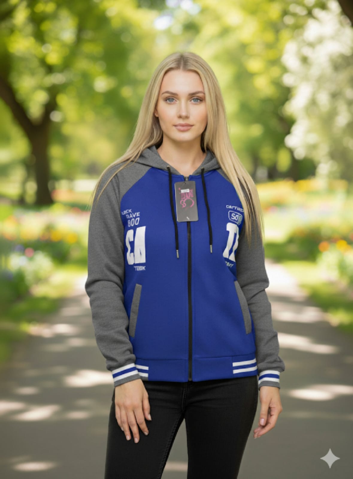 Hooded Full Zip Sweater – Contrasting Sleeves and Edging Detail