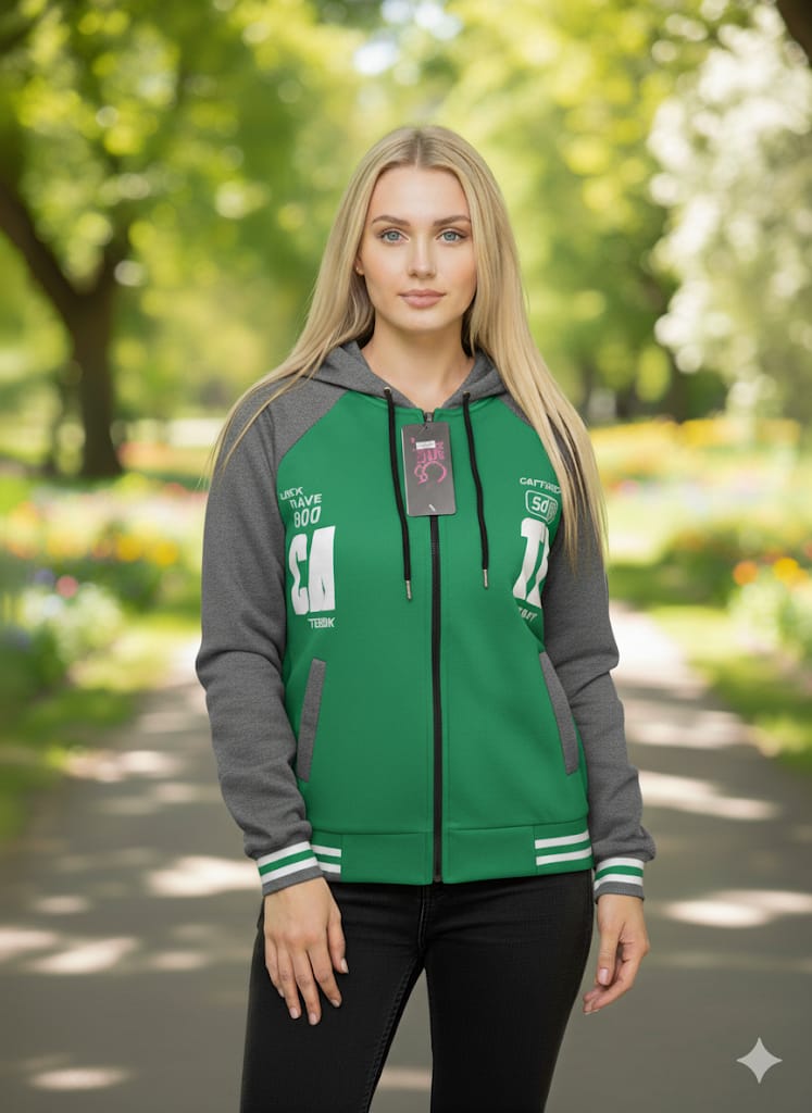 Hooded Full Zip Sweater – Contrasting Sleeves and Edging Detail