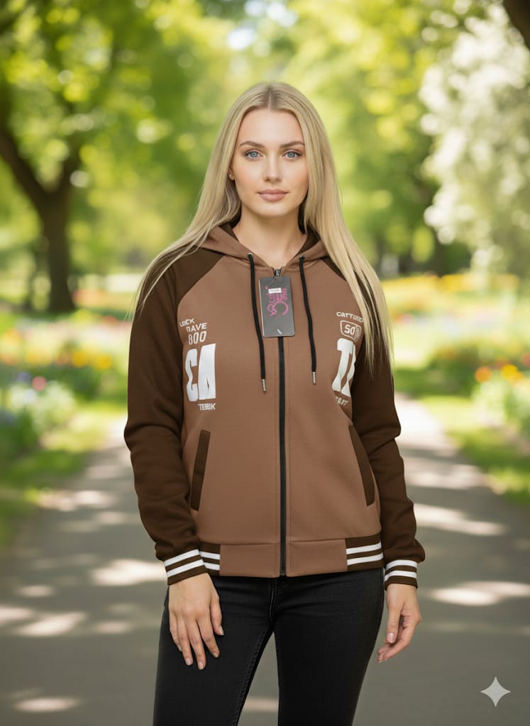 Hooded Full Zip Sweater – Contrasting Sleeves and Edging Detail