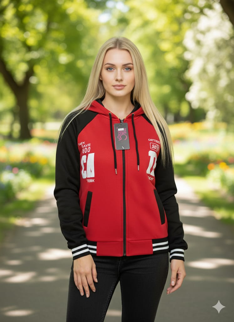 Hooded Full Zip Sweater – Contrasting Sleeves and Edging Detail