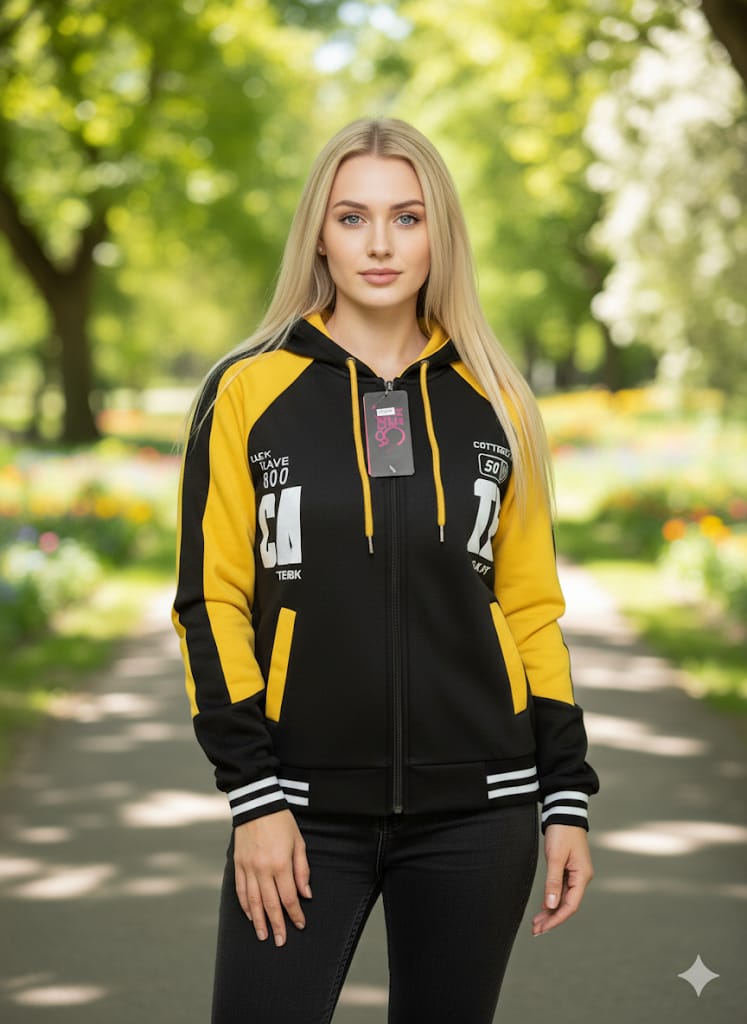 Hooded full zip sweater with contrasting sleeves and edging detail