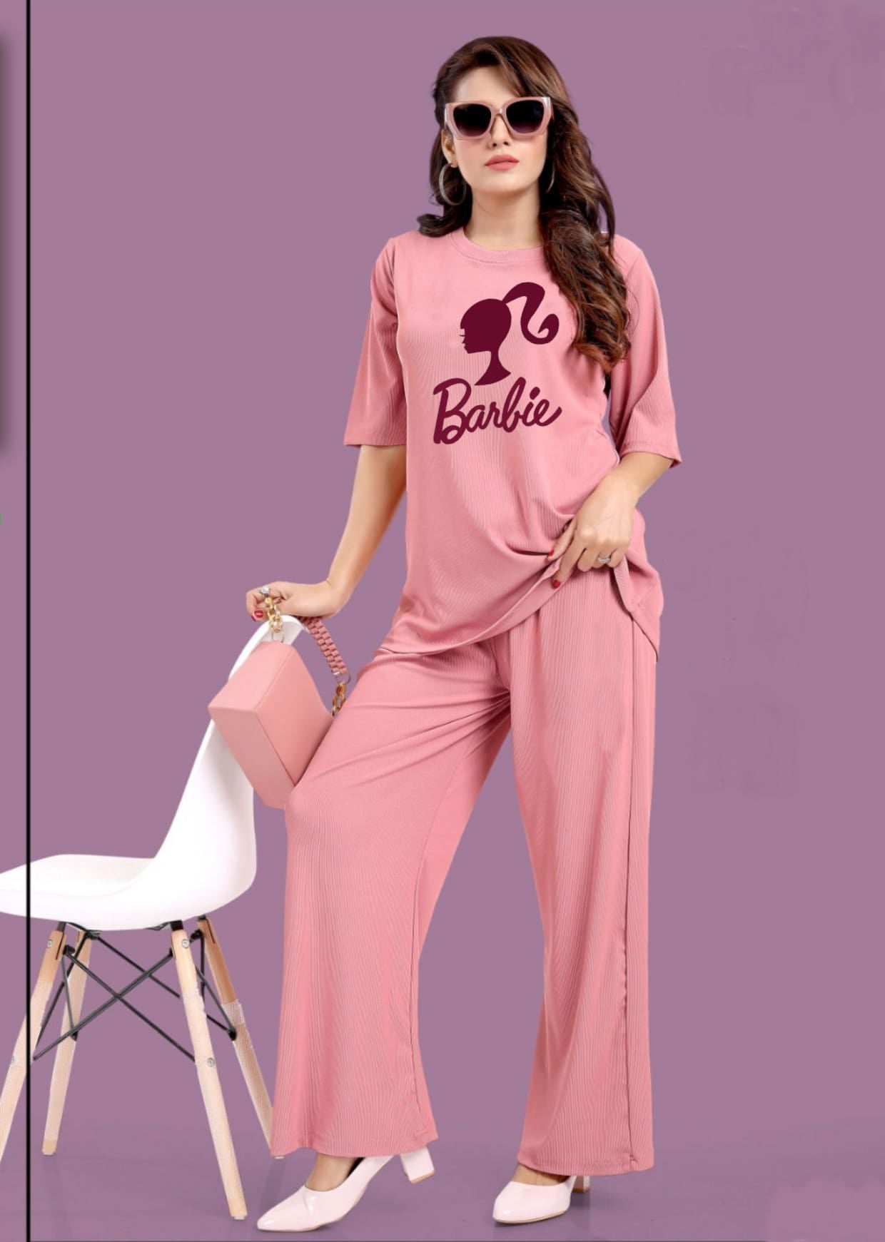 Women's round neck printed Barbie flapper style terno nightwear set
