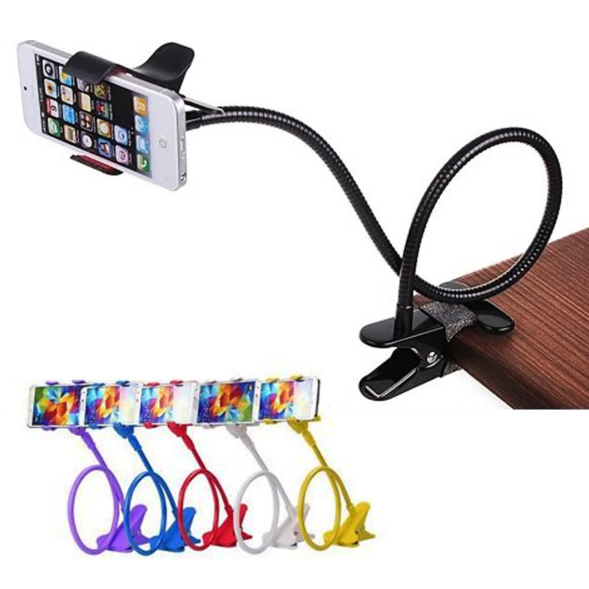 Flexible gooseneck phone holder with clamp base for desk or bed