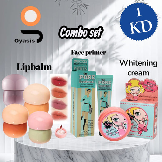 Beauty Combo Set – Lip Balm, Benefit POREfessional Primer, and I-DOLL Whitening Cream

Benefit POREfessional Primer tube close-up

I-DOLL Whitening Cream jar

Lip balm open tube on white background

Flat-lay showing full beauty combo set