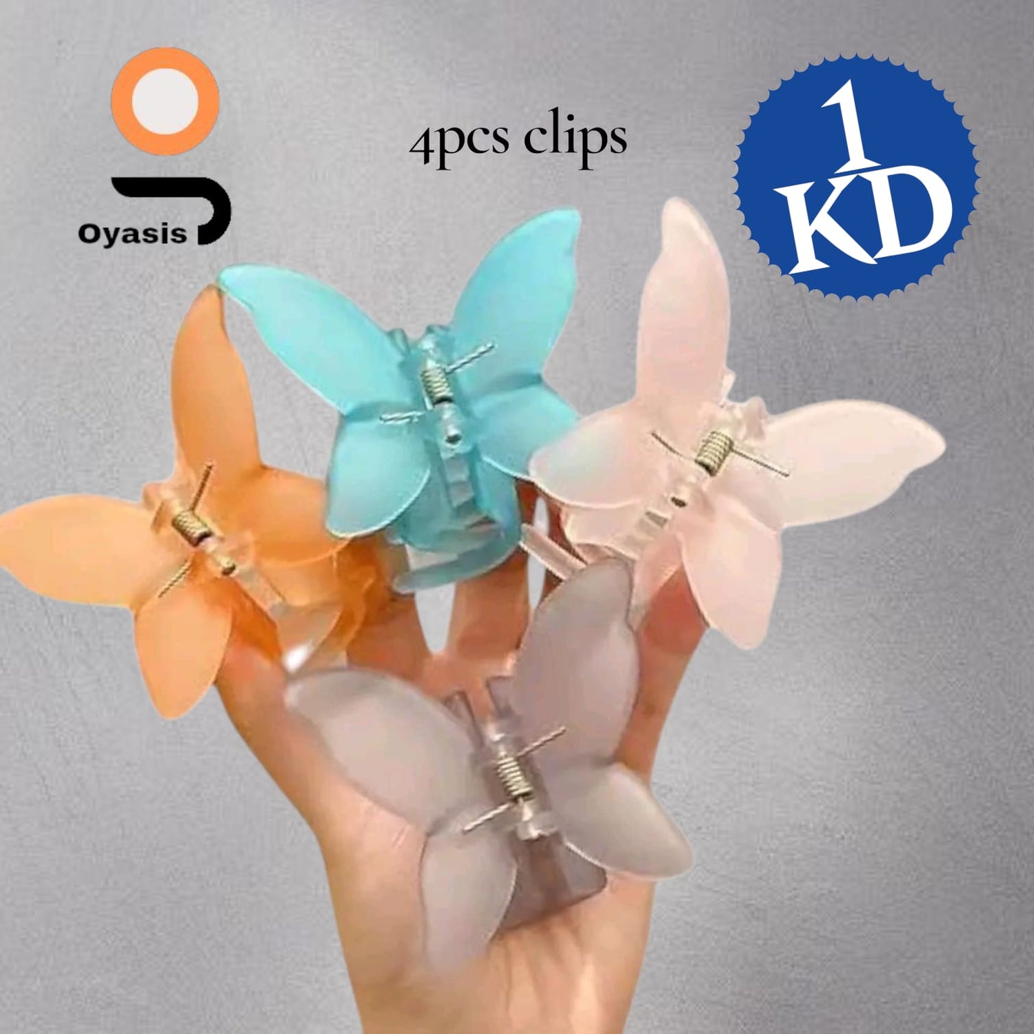 Oyasis butterfly hair claw clips set of four assorted colors

Close-up of butterfly hair clips design

Model wearing Oyasis butterfly claw clip in hairstyle

Flat-lay of 4 Oyasis clips arranged on white background

Packaging image showing all four clips