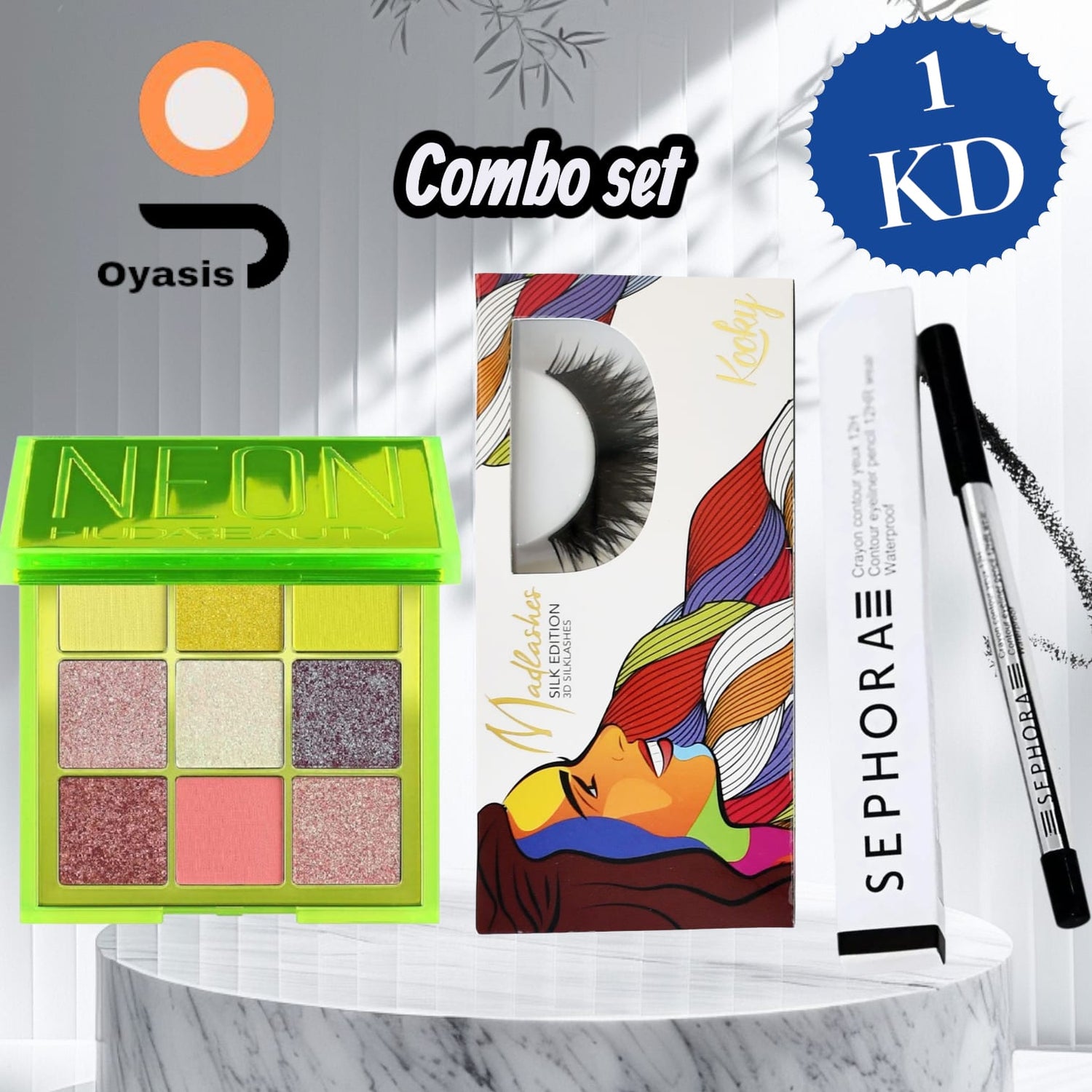 Makeup combo set with Huda Beauty Neon Green Palette, Kooky 3D Silk Lashes, and Sephora Crayon Contour Eyeliner

Huda Beauty Neon Green Eyeshadow Palette close-up showing 9 neon shades

Kooky 3D silk lashes pair on white background

Sephora Collection Crayon Contour Eyeliner close-up

Flat-lay image showing complete combo set for makeup lovers