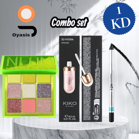 Oyasis Makeup Combo Set – KIKO 3D Hydra Lipgloss, Sephora 12H Eyeliner, Huda Beauty Neon Green Palette

Close-up of KIKO Milano 3D Hydra Lipgloss

Sephora 12H Colorful Eyeliner on white background

Huda Beauty Neon Green Eyeshadow Palette swatches

Flat-lay showing complete Oyasis makeup combo set
