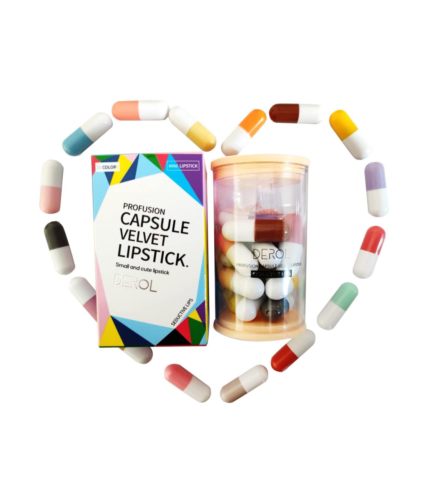 Flat-lay of lipstick capsules arranged by color gradient