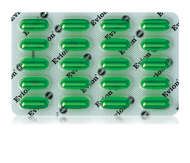 Evion 400 mg Vitamin E manufacturer packaging; offer supplies 10 capsules