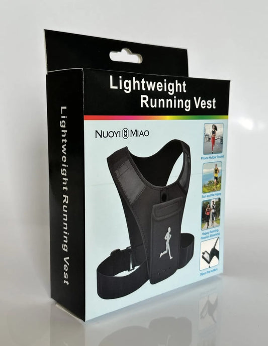 Nuoyi Miao black running vest with phone holder, headphone slot, and adjustable belt