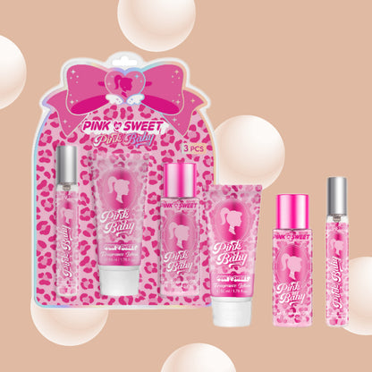 Pink Baby 3-piece fragrance set with lotion, perfume, and roll-on in pink packaging