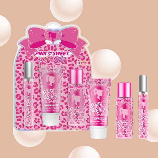 Pink Baby 3-piece fragrance set with lotion, perfume, and roll-on in pink packaging