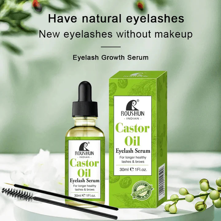 Roushun Castor Oil Eyelash & Brow Serum – 30ml with applicator brushes